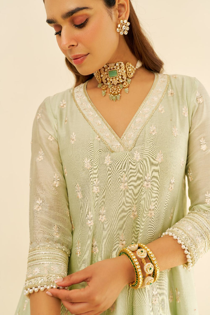 Meeram - Short Anarkali With Salwar And Dupatta-Mint Green silk by SHEETAL BATRA in mint color for women in Singapore