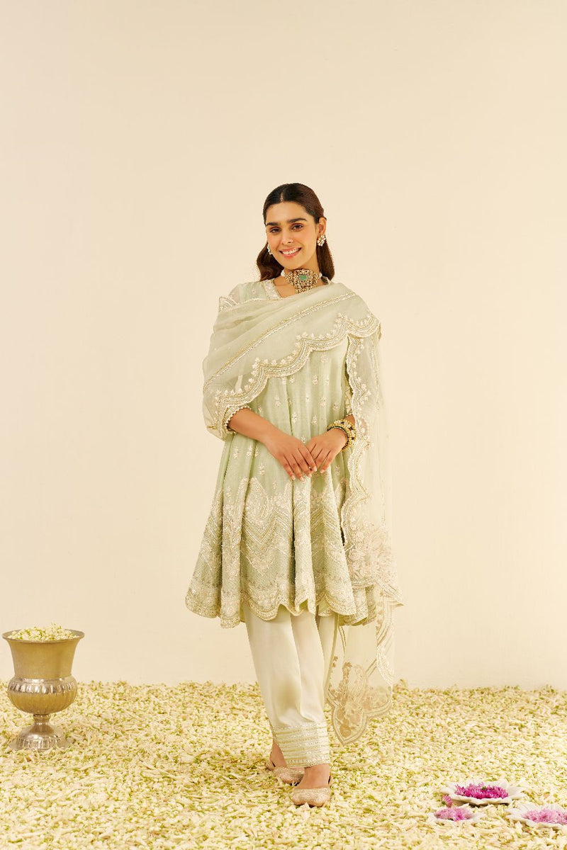 Meeram - Short Anarkali With Salwar And Dupatta-Mint Green silk by SHEETAL BATRA in mint color for women in Singapore