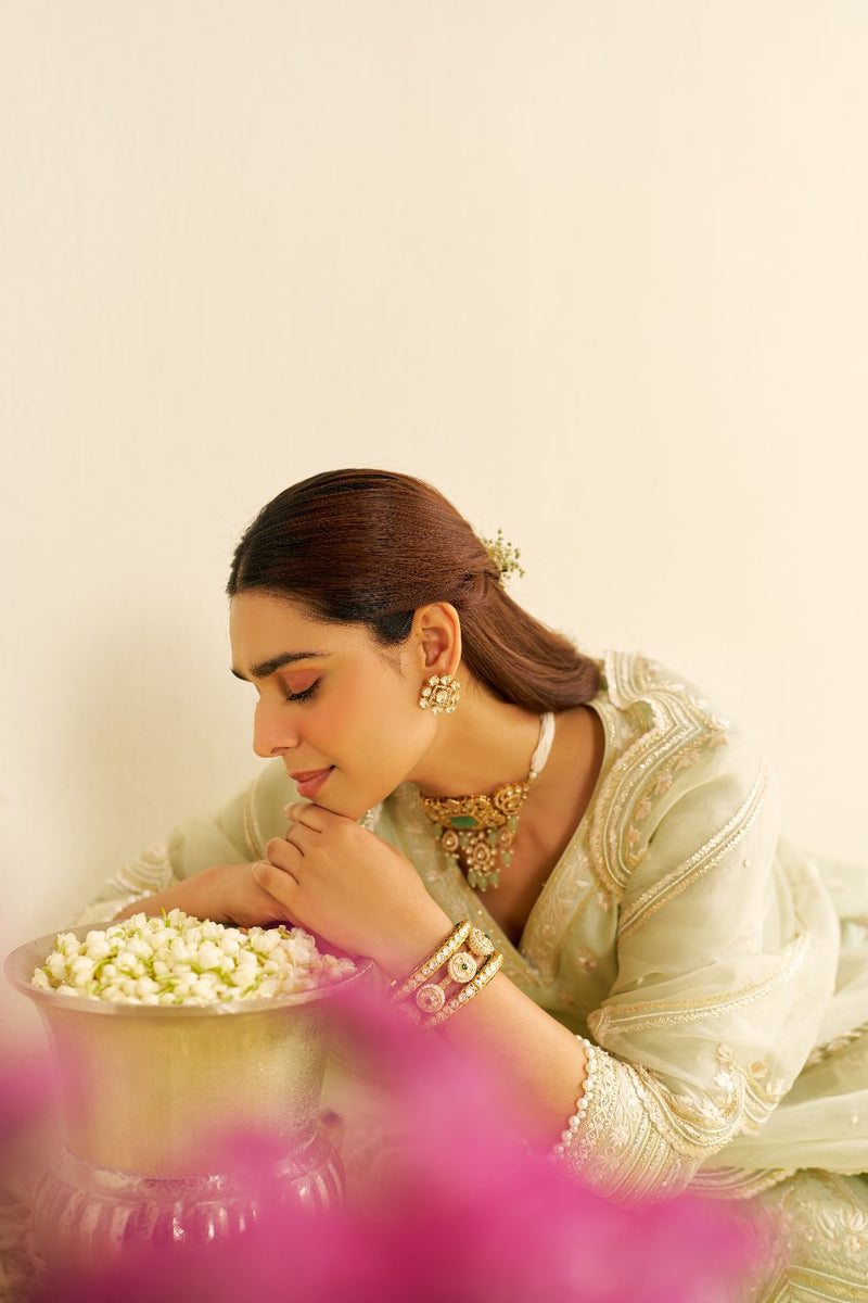 Meeram - Short Anarkali With Salwar And Dupatta-Mint Green silk by SHEETAL BATRA in mint color for women in Singapore