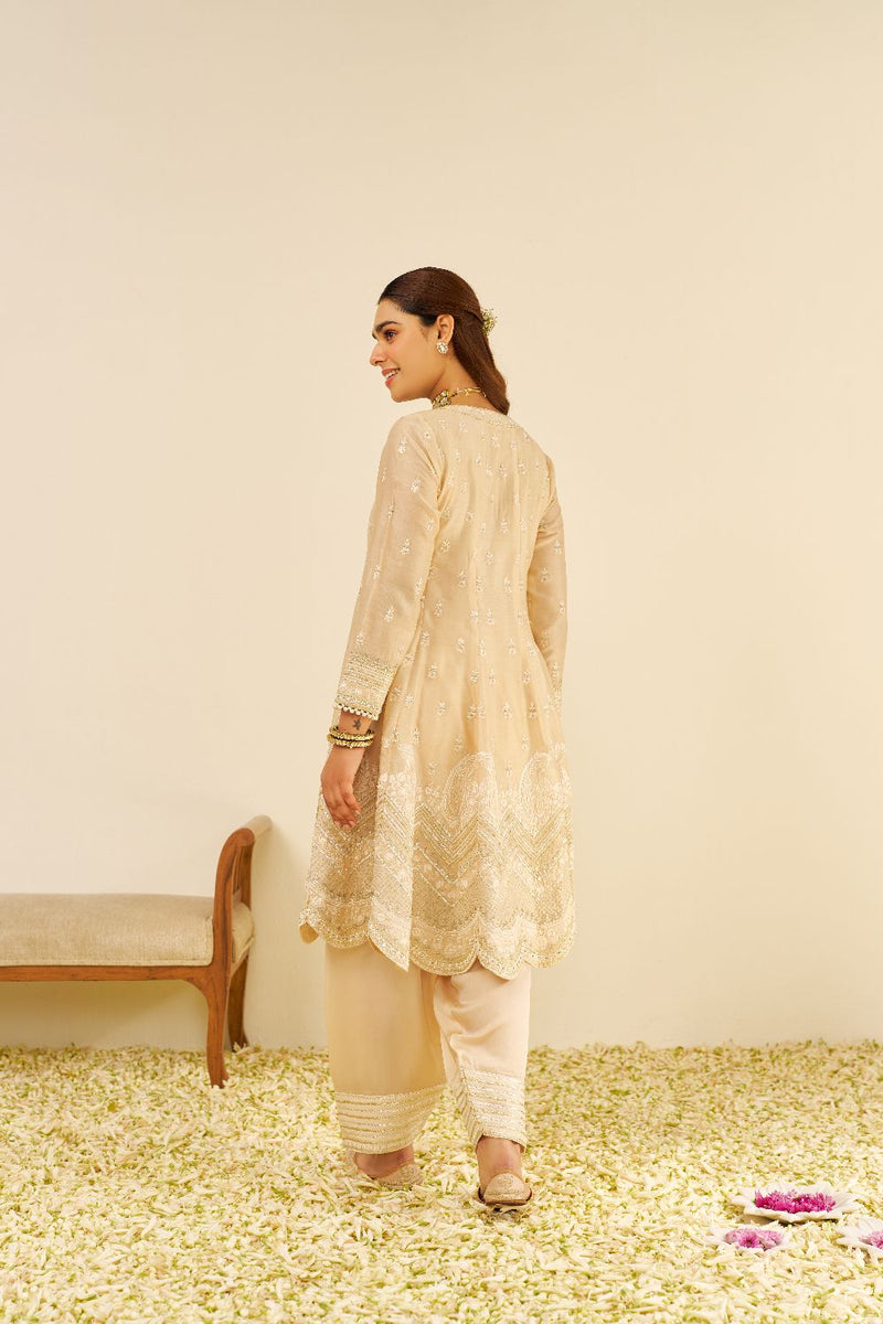 Meeram - Short Anarkali With Salwar And Dupatta-Beige silk by SHEETAL BATRA in beige color for women in Singapore