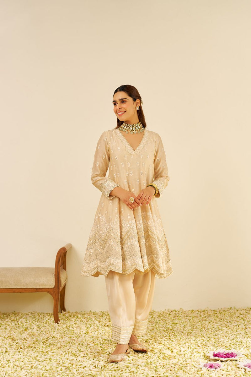 Meeram - Short Anarkali With Salwar And Dupatta-Beige silk by SHEETAL BATRA in beige color for women in Singapore