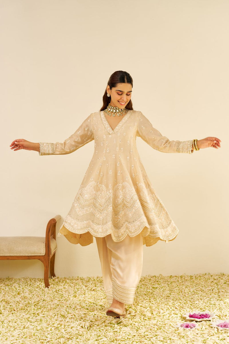 Meeram - Short Anarkali With Salwar And Dupatta-Beige silk by SHEETAL BATRA in beige color for women in Singapore
