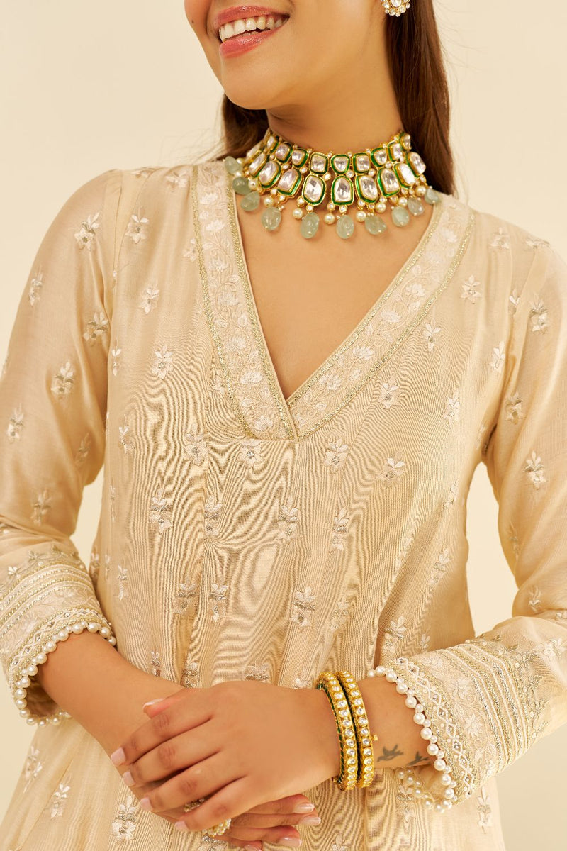 Meeram - Short Anarkali With Salwar And Dupatta-Beige silk by SHEETAL BATRA in beige color for women in Singapore