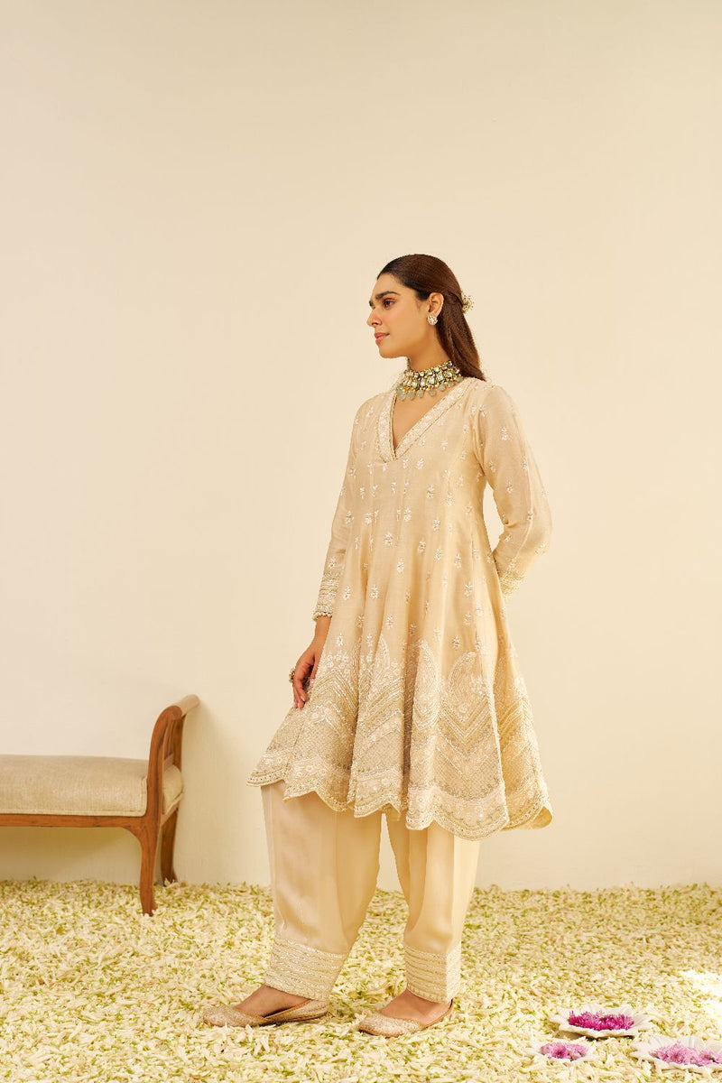 Meeram - Short Anarkali With Salwar And Dupatta-Beige silk by SHEETAL BATRA in beige color for women in Singapore