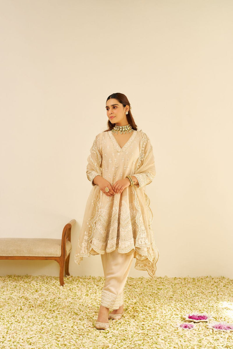 Meeram - Short Anarkali With Salwar And Dupatta-Beige silk by SHEETAL BATRA in beige color for women in Singapore