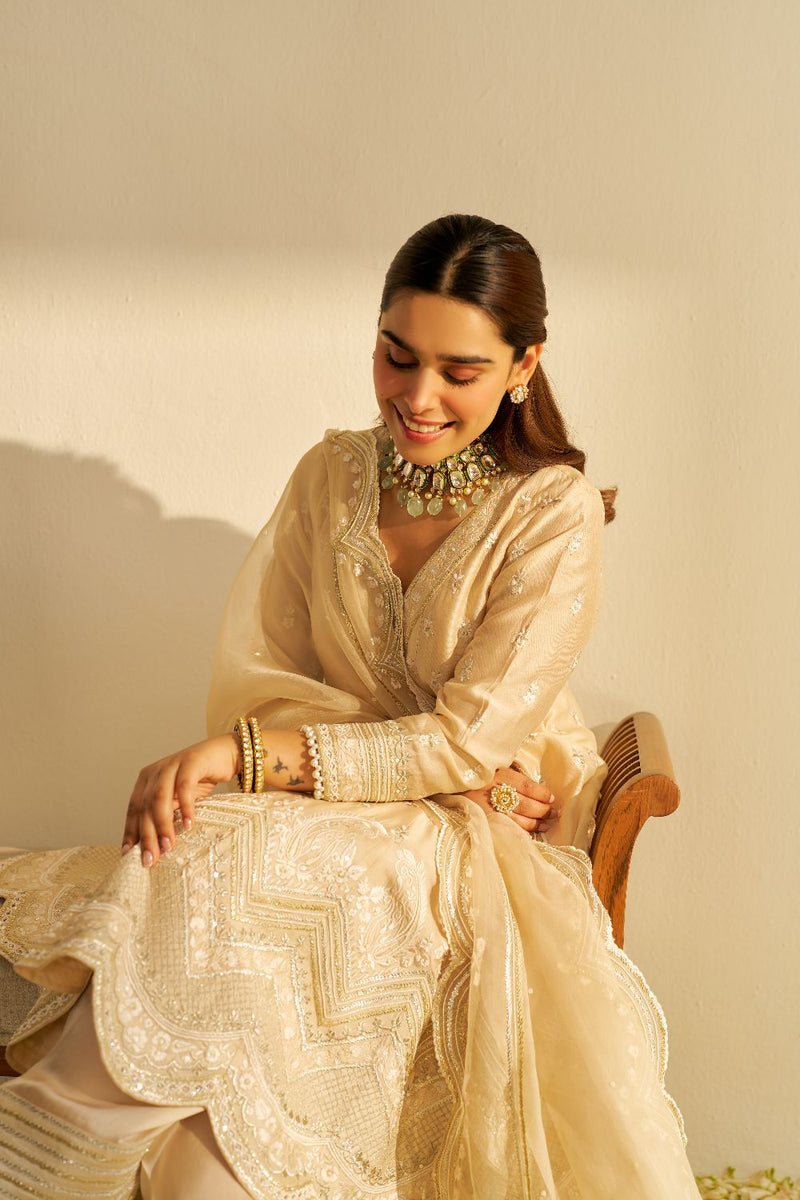 Meeram - Short Anarkali With Salwar And Dupatta-Beige silk by SHEETAL BATRA in beige color for women in Singapore