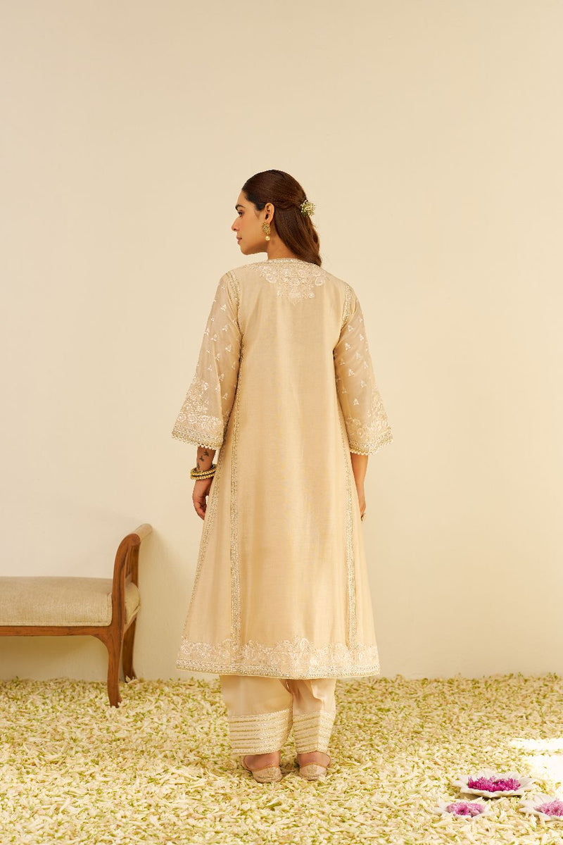 Maaroofa - Long Chauga With Salwar-Beige silk by SHEETAL BATRA in beige color for women in Singapore