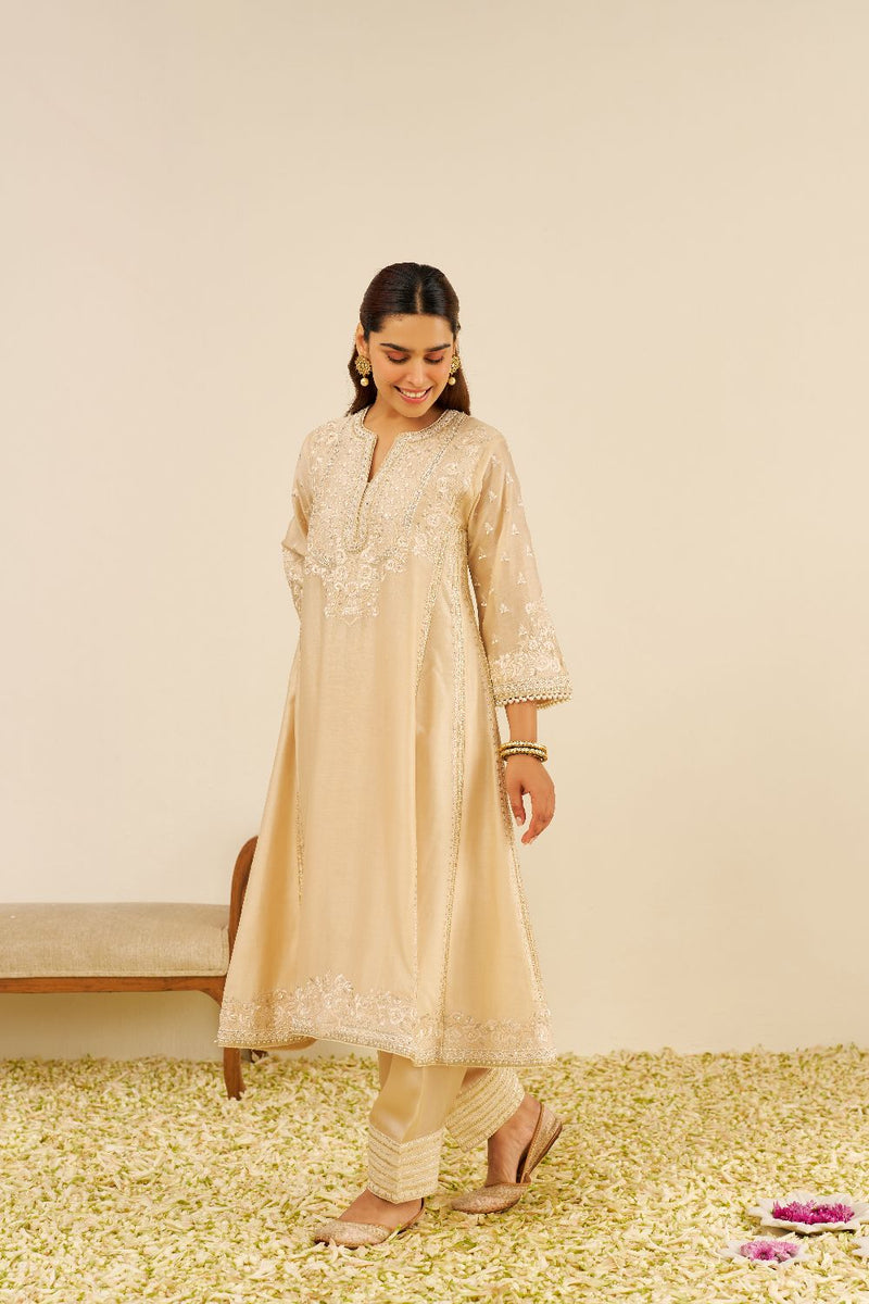 Maaroofa - Long Chauga With Salwar-Beige silk by SHEETAL BATRA in beige color for women in Singapore