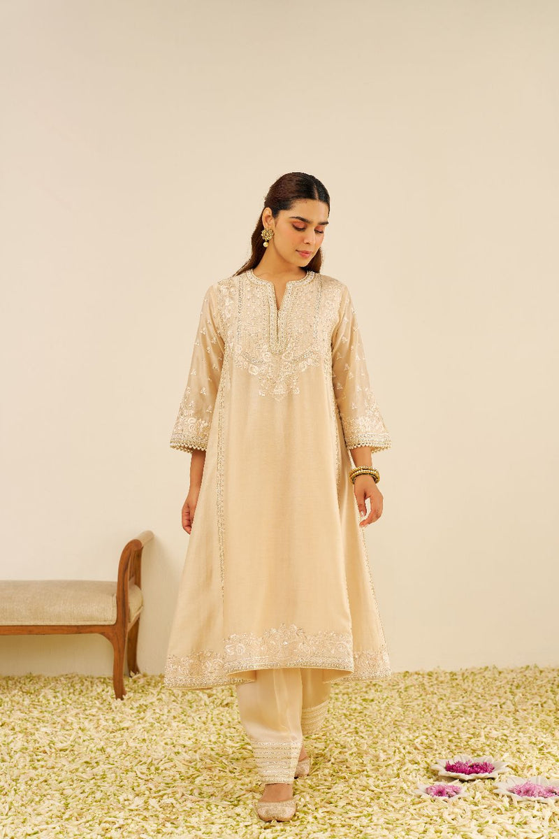 Maaroofa - Long Chauga With Salwar-Beige silk by SHEETAL BATRA in beige color for women in Singapore