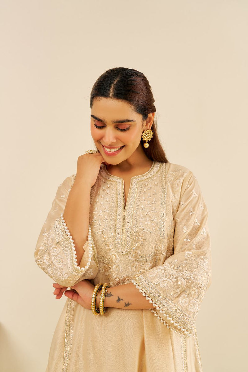 Maaroofa - Long Chauga With Salwar-Beige silk by SHEETAL BATRA in beige color for women in Singapore