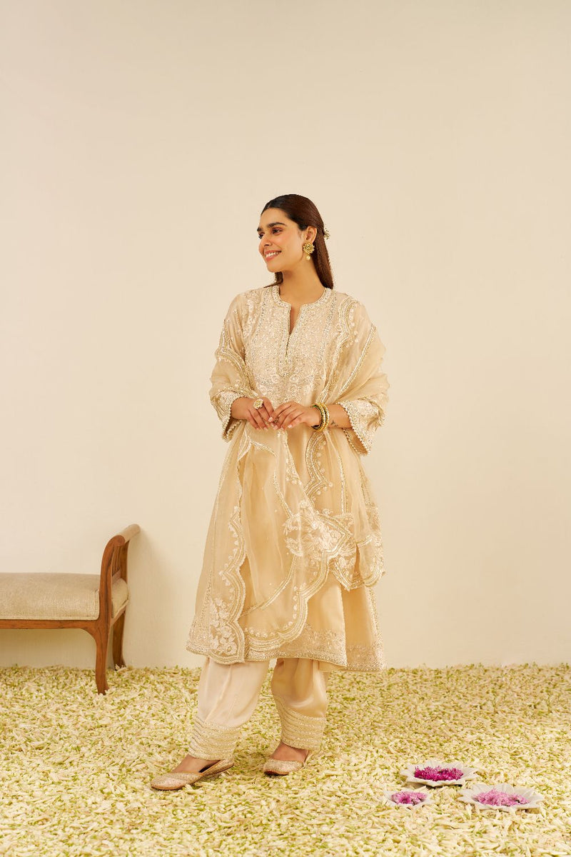 Maaroofa - Long Chauga With Salwar-Beige silk by SHEETAL BATRA in beige color for women in Singapore