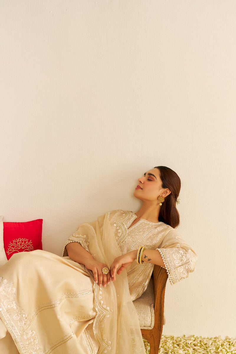 Maaroofa - Long Chauga With Salwar-Beige silk by SHEETAL BATRA in beige color for women in Singapore