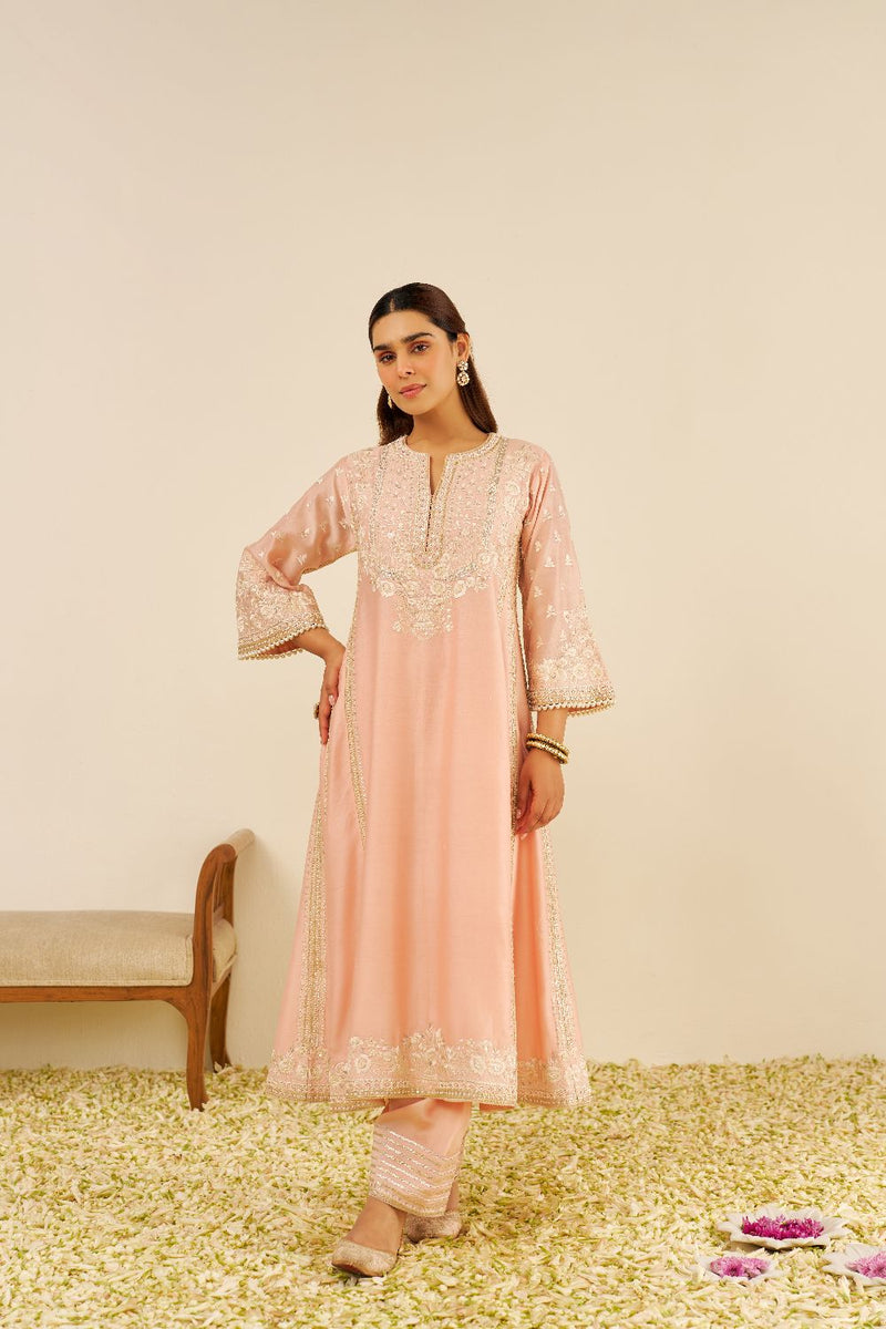 Maaroofa - Long Chauga With Salwar-Off Rose silk by SHEETAL BATRA in pink color for women in Singapore