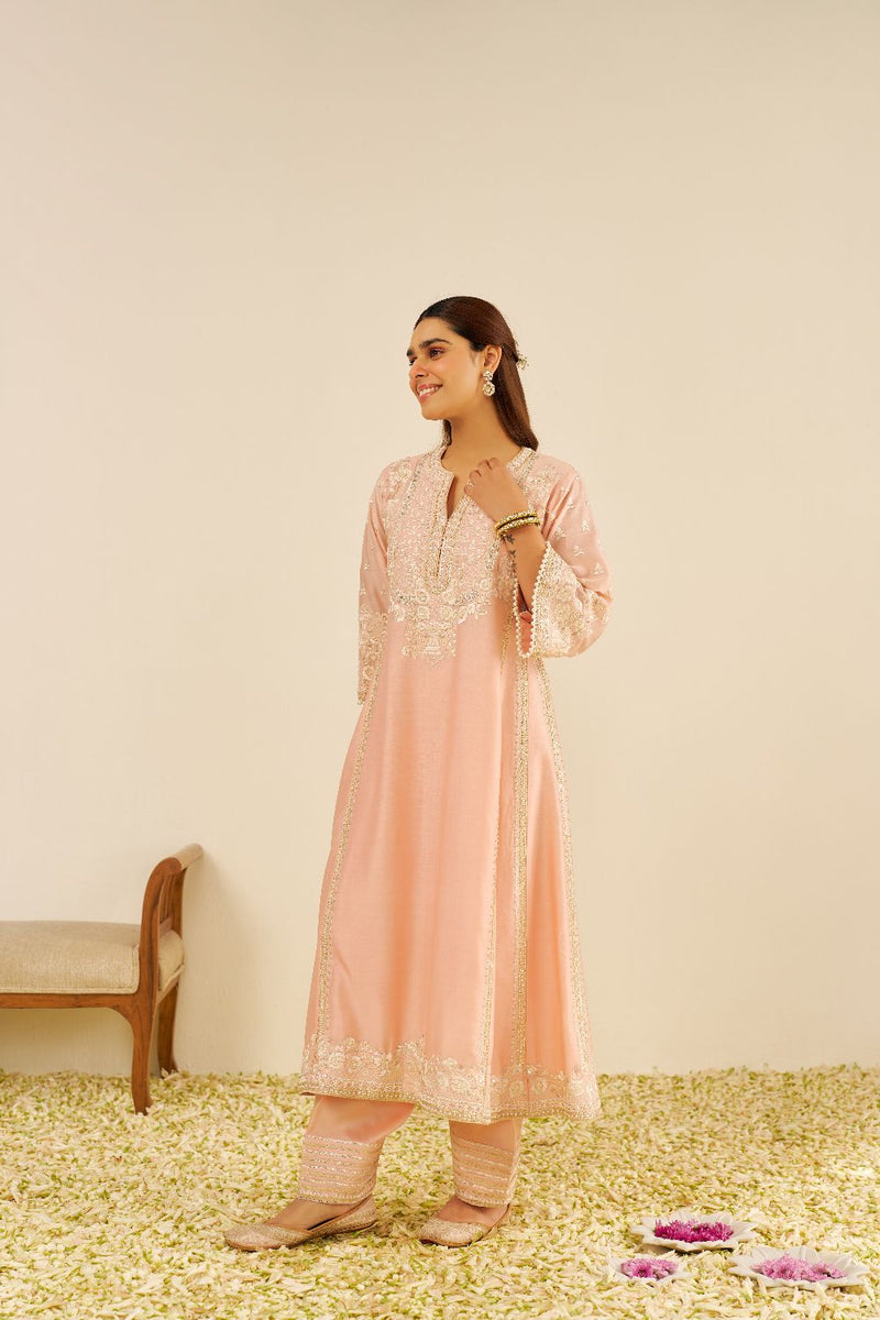 Maaroofa - Long Chauga With Salwar-Off Rose silk by SHEETAL BATRA in pink color for women in Singapore