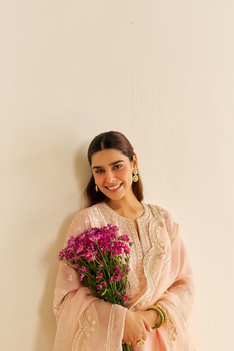 Maaroofa - Long Chauga With Salwar-Off Rose silk by SHEETAL BATRA in pink color for women in Singapore