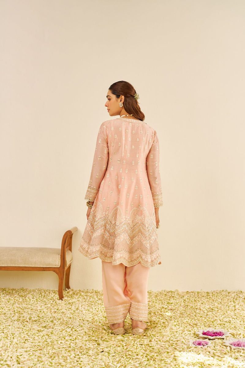 Meeram - Short Anarkali With Salwar And Dupatta-Off Rose silk by SHEETAL BATRA in pink color for women in Singapore