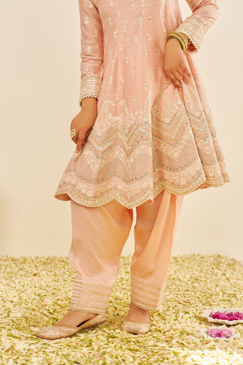 Meeram - Short Anarkali With Salwar And Dupatta-Off Rose silk by SHEETAL BATRA in pink color for women in Singapore