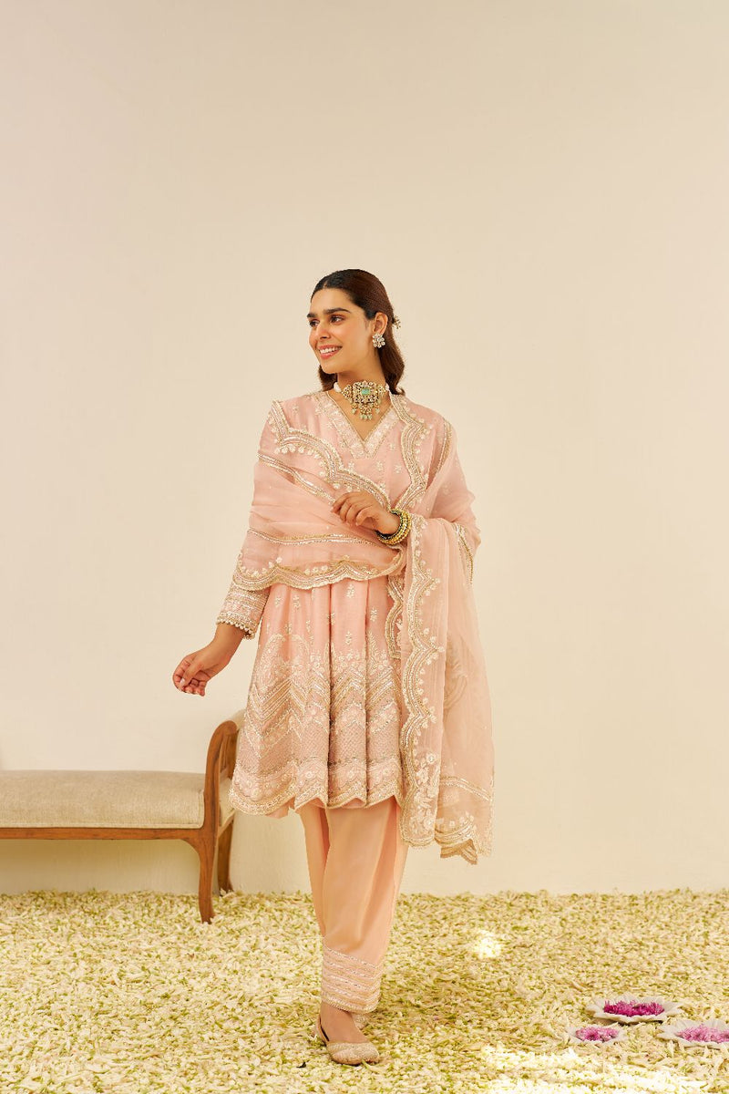 Meeram - Short Anarkali With Salwar And Dupatta-Off Rose silk by SHEETAL BATRA in pink color for women in Singapore