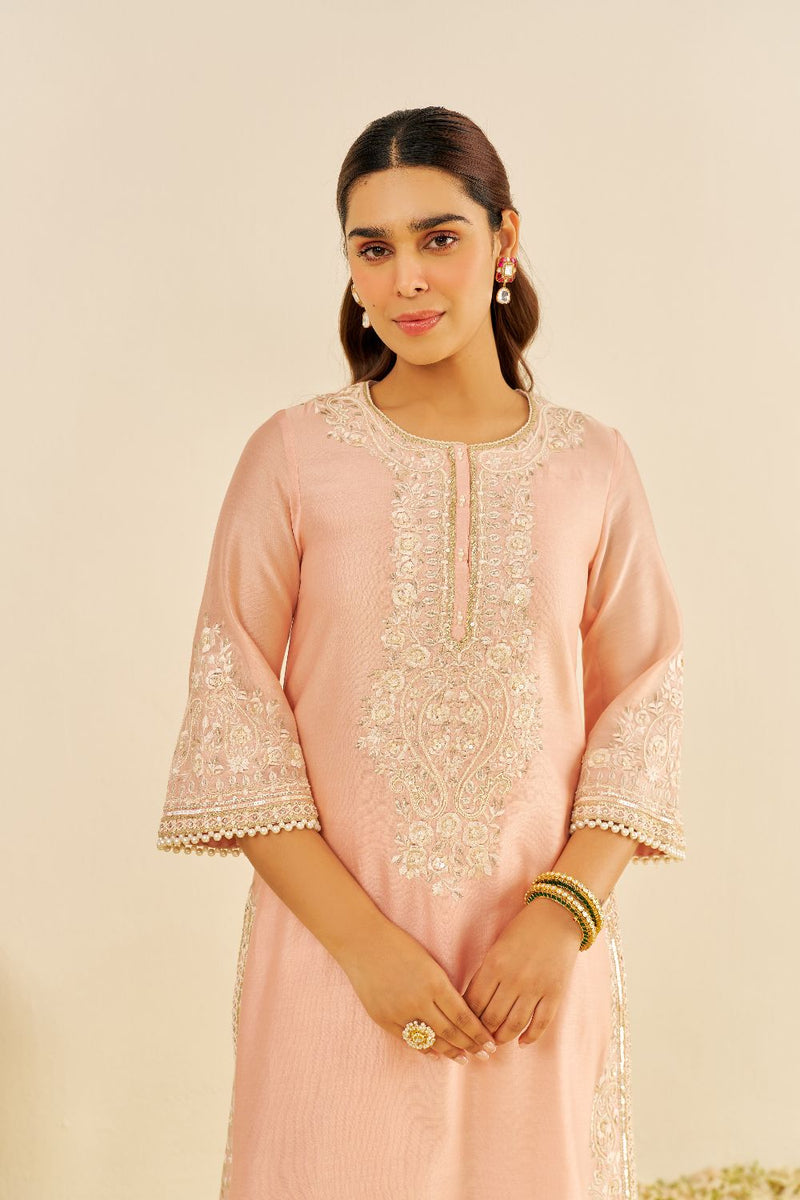 Sereen - A-Line Kurta With Palazzo And Dupatta-Off Rose silk by SHEETAL BATRA in pink color for women in Singapore
