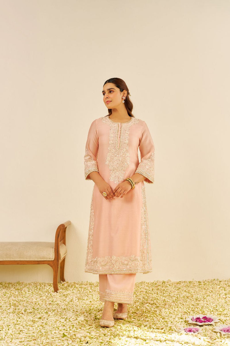 Sereen - A-Line Kurta With Palazzo And Dupatta-Off Rose silk by SHEETAL BATRA in pink color for women in Singapore