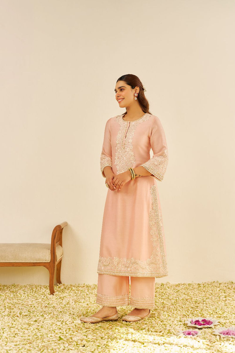 Sereen - A-Line Kurta With Palazzo And Dupatta-Off Rose silk by SHEETAL BATRA in pink color for women in Singapore