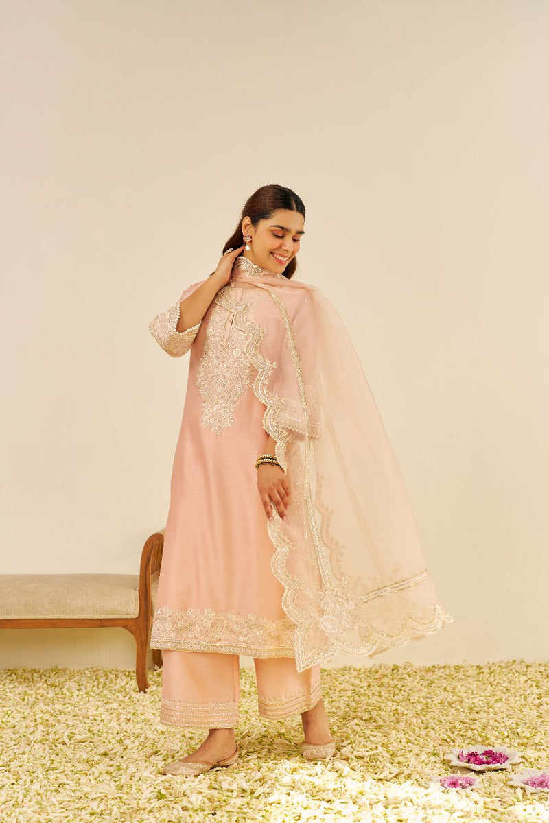 Sereen - A-Line Kurta With Palazzo And Dupatta-Off Rose silk by SHEETAL BATRA in pink color for women in Singapore