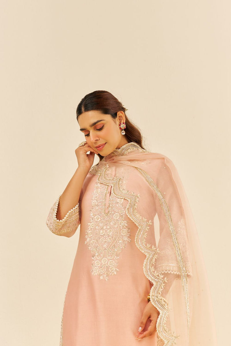 Sereen - A-Line Kurta With Palazzo And Dupatta-Off Rose silk by SHEETAL BATRA in pink color for women in Singapore