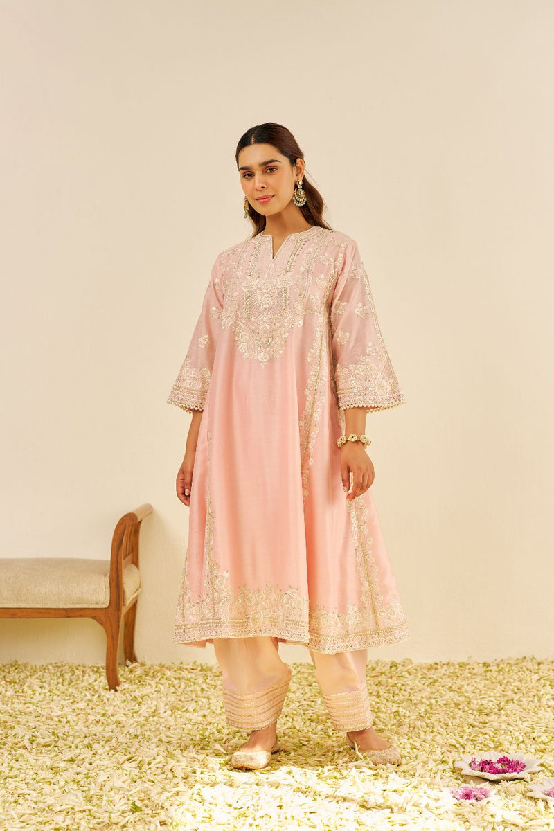 Maziya - Long Chauga With Salwar And Dupatta-Blush Pink silk by SHEETAL BATRA in blush color for women in Singapore