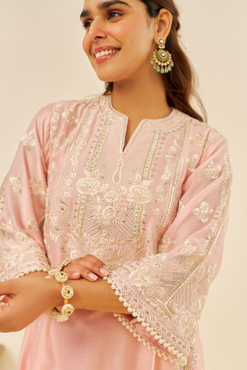 Maziya - Long Chauga With Salwar And Dupatta-Blush Pink silk by SHEETAL BATRA in blush color for women in Singapore