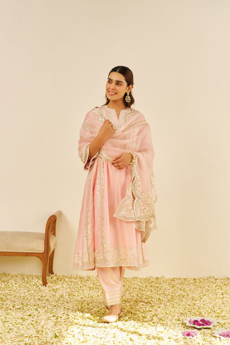 Maziya - Long Chauga With Salwar And Dupatta-Blush Pink silk by SHEETAL BATRA in blush color for women in Singapore