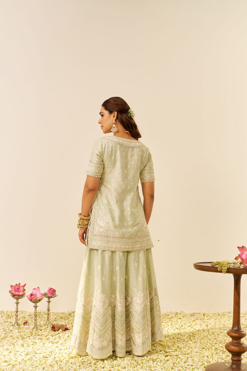 Sameeha - Short Kurta With Sharara And Dupatta-Mint Green silk by SHEETAL BATRA in mint color for women in Singapore