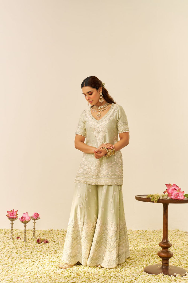 Sameeha - Short Kurta With Sharara And Dupatta-Mint Green silk by SHEETAL BATRA in mint color for women in Singapore