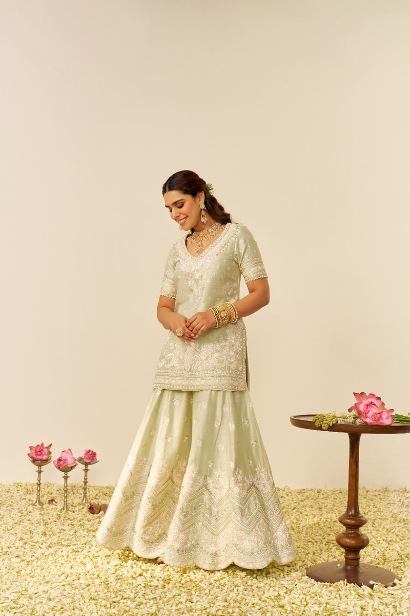 Sameeha - Short Kurta With Sharara And Dupatta-Mint Green silk by SHEETAL BATRA in mint color for women in Singapore