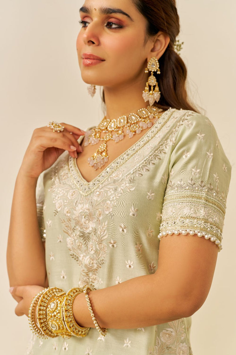 Sameeha - Short Kurta With Sharara And Dupatta-Mint Green silk by SHEETAL BATRA in mint color for women in Singapore