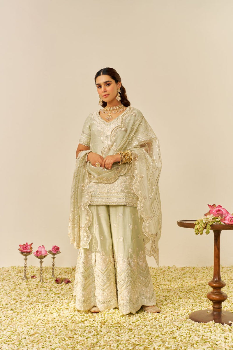 Sameeha - Short Kurta With Sharara And Dupatta-Mint Green silk by SHEETAL BATRA in mint color for women in Singapore