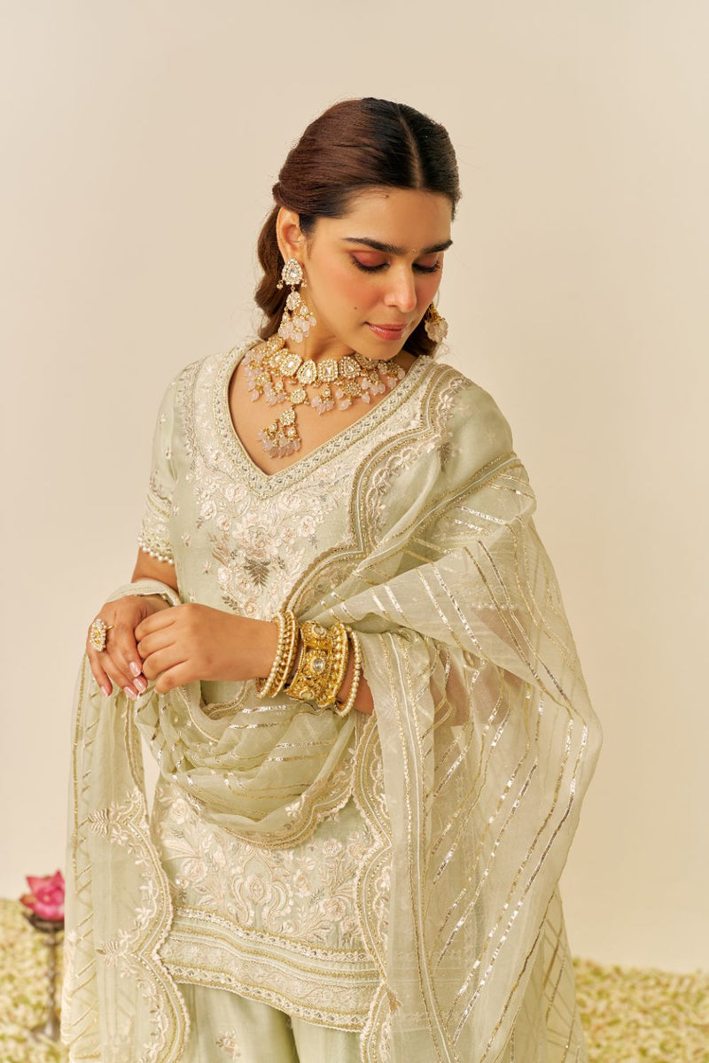 Sameeha - Short Kurta With Sharara And Dupatta-Mint Green silk by SHEETAL BATRA in mint color for women in Singapore