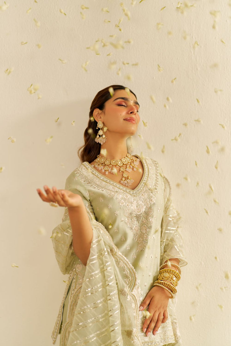 Sameeha - Short Kurta With Sharara And Dupatta-Mint Green silk by SHEETAL BATRA in mint color for women in Singapore
