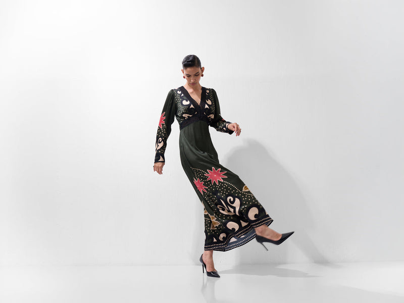 Aura Maxi-Old Rose viscose dress by NOIB in multi-color for women Worldwide