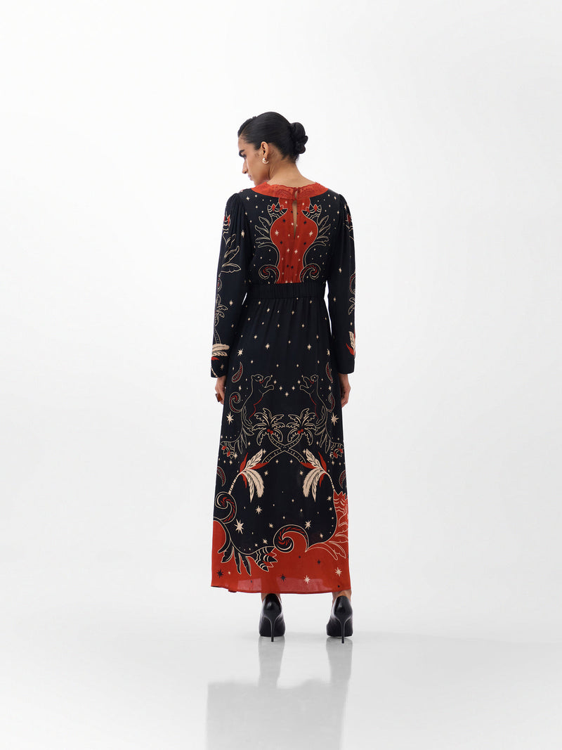Aura Maxi-Nocturnal Jungle viscose dress by NOIB in multi-color for women Worldwide