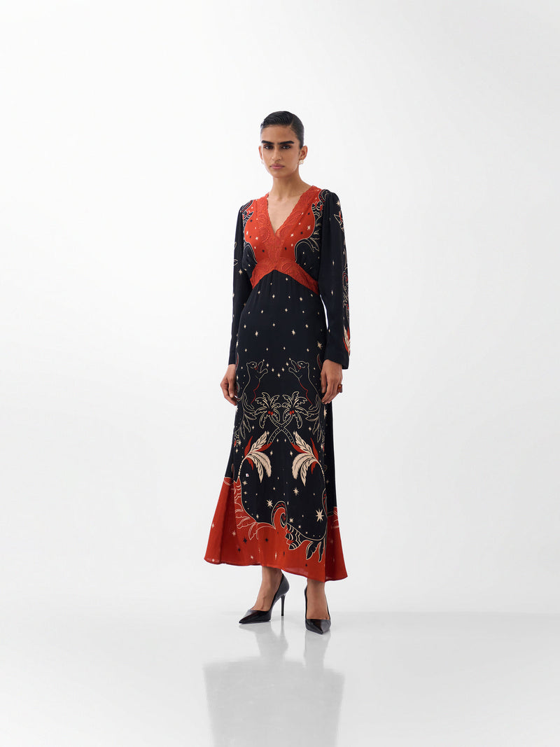 Aura Maxi-Nocturnal Jungle viscose dress by NOIB in multi-color for women Worldwide