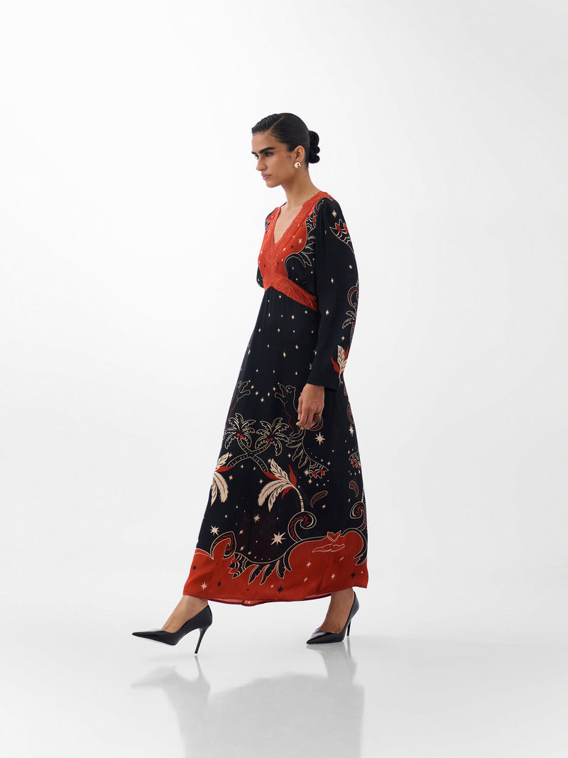 Aura Maxi-Nocturnal Jungle viscose dress by NOIB in multi-color for women Worldwide
