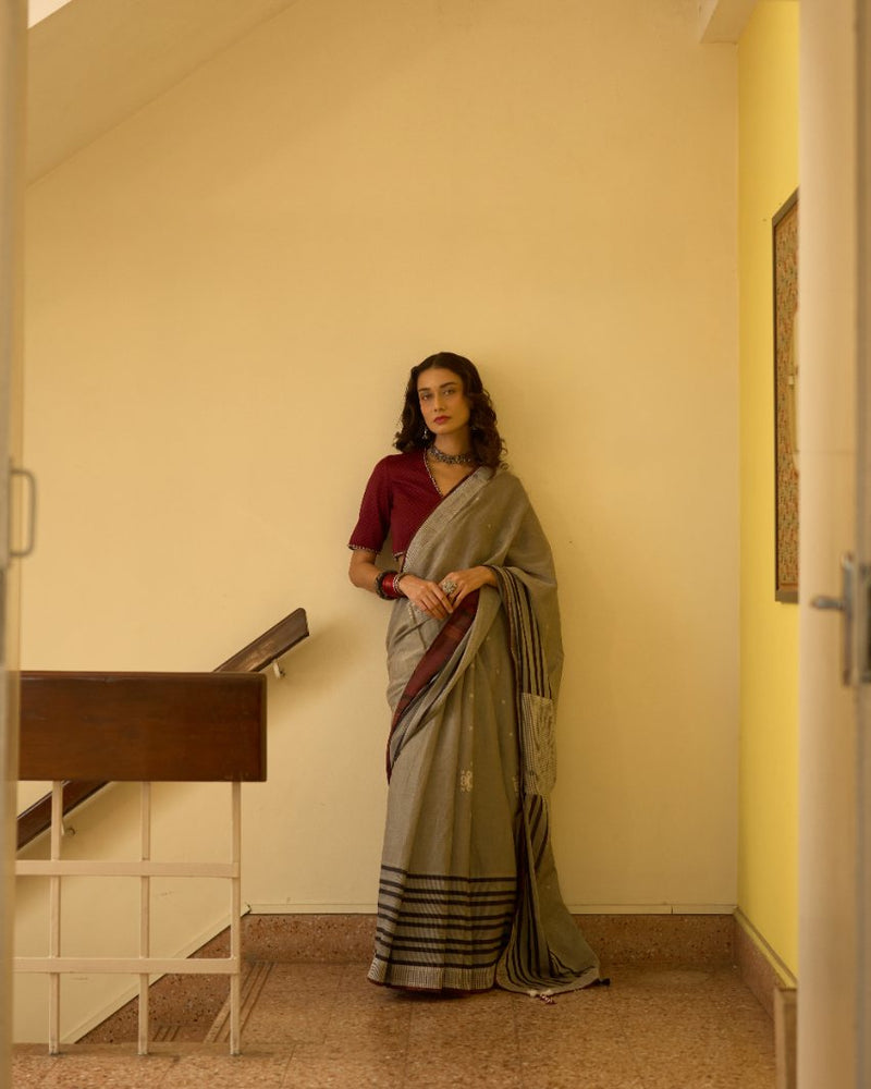 Sudha Sari silk cotton jamdani by SWATTI KAPOOR in white for women in Singapore