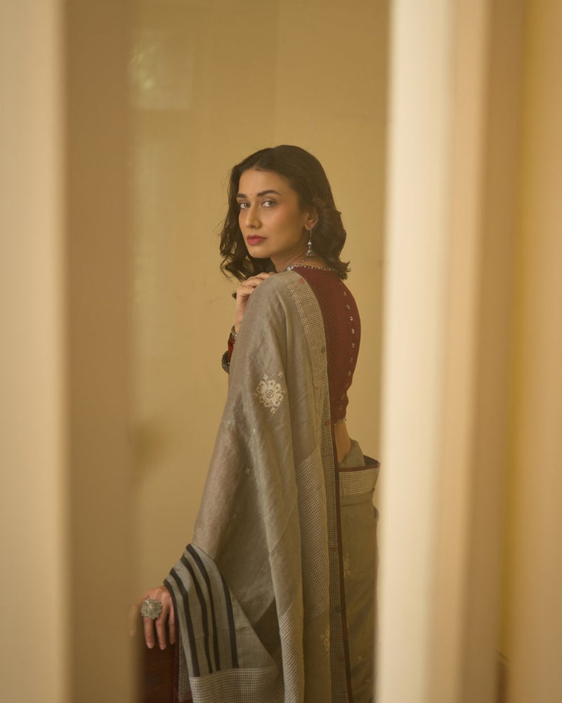 Sudha Sari silk cotton jamdani by SWATTI KAPOOR in white for women in Singapore