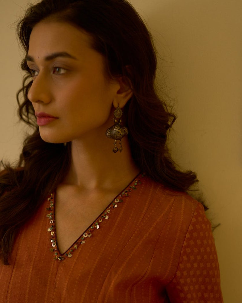 Rekha Kurta chanderi kurta/kurta set by SWATTI KAPOOR in rust for women in Singapore