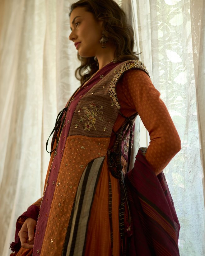 Rekha Kurta chanderi kurta/kurta set by SWATTI KAPOOR in rust for women in Singapore
