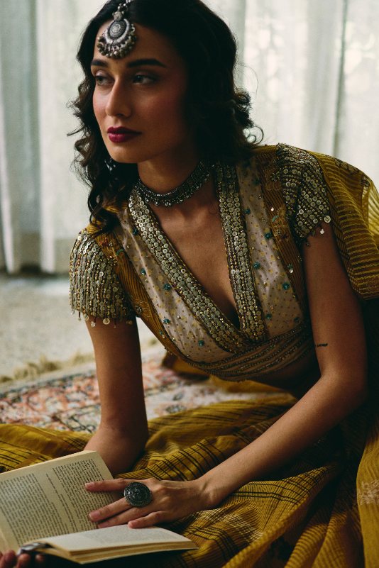 Avni Blouse chanderi blouse by SWATTI KAPOOR in yellow for women in Singapore