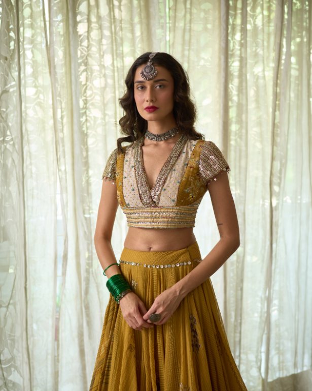 Avni Blouse chanderi blouse by SWATTI KAPOOR in yellow for women in Singapore
