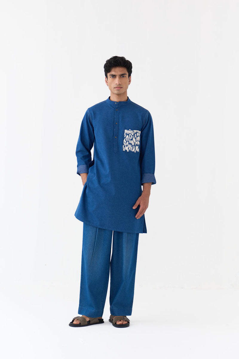 Emb. Patch Pocket Kurta Co-Ord denim co-ord set by THREE Men in blue,ivory for men in Singapore