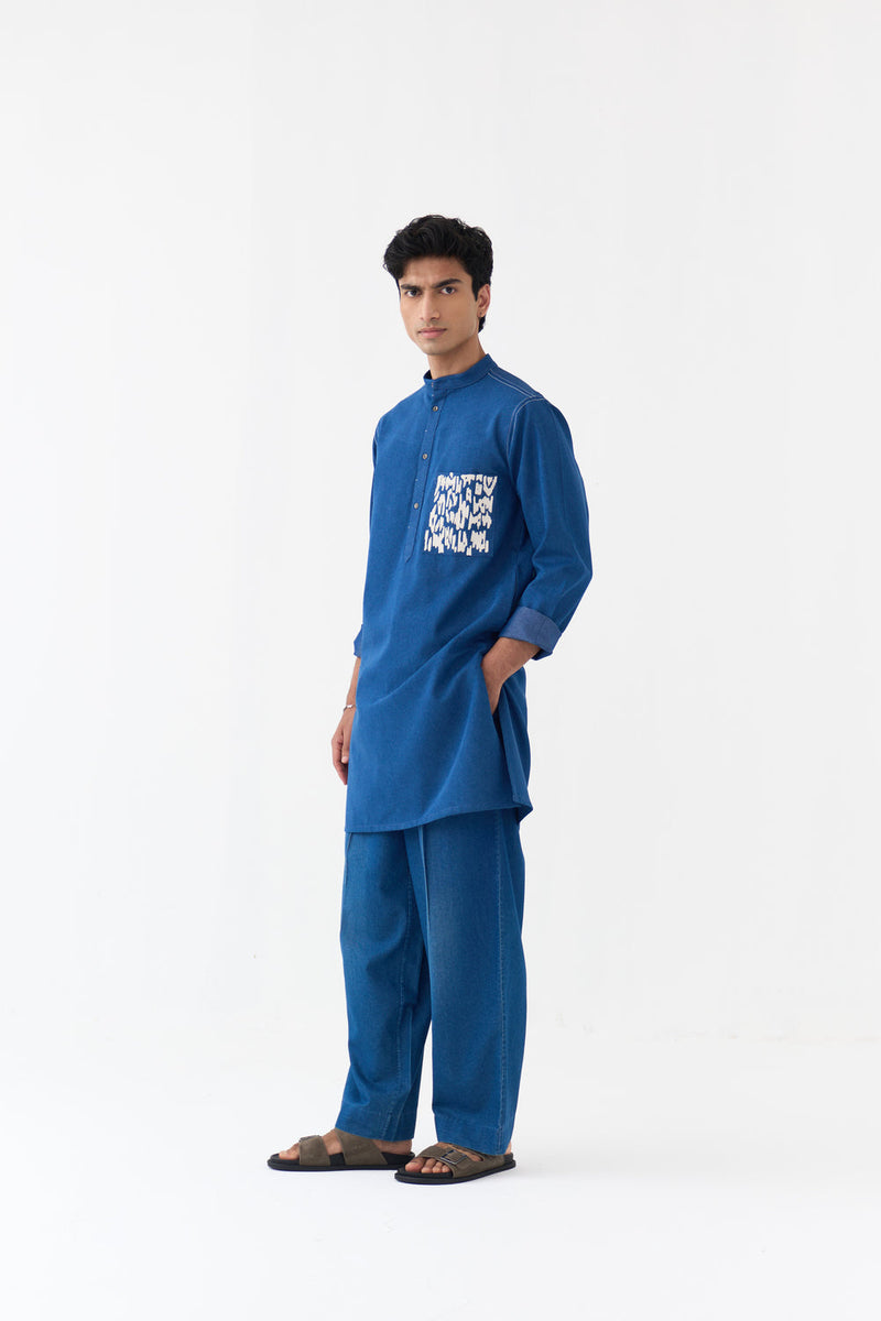 Emb. Patch Pocket Kurta Co-Ord denim co-ord set by THREE Men in blue,ivory for men in Singapore