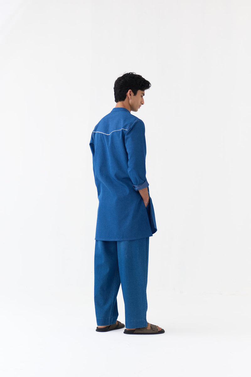 Emb. Patch Pocket Kurta Co-Ord denim co-ord set by THREE Men in blue,ivory for men in Singapore